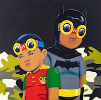 a painting of two boys wearing batman masks and goggles