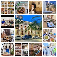 a collage of pictures showing a restaurant and a car