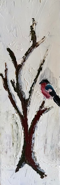 a painting of a bird perched on a tree