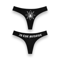 a pair of black thongs with a white logo on them