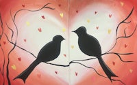 two birds sitting on a branch with hearts in the background