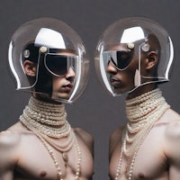 two men wearing helmets and pearl necklaces