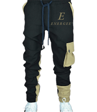 a pair of black and tan jogging pants with the word energize on them
