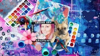 a collage with a dog, flowers, and paint