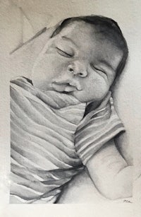 a drawing of a baby sleeping on a bed