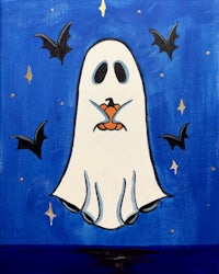 a painting of a ghost with bats in the sky