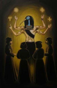 a painting of an egyptian god with a group of people around him