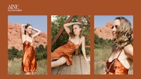 a woman is posing in an orange dress