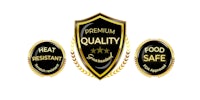 three gold and black badges with the words premium quality and safe