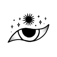 a black and white illustration of an eye with stars