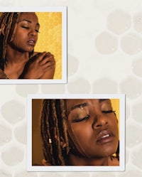 two pictures of a woman with dreadlocks and honeycombs