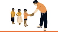 an illustration of a man handing money to a group of children