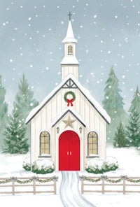 a painting of a church in the snow with a red door