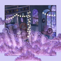 an illustration of a room with purple clouds and lights