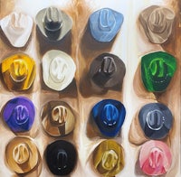 a painting of different colored cowboy hats