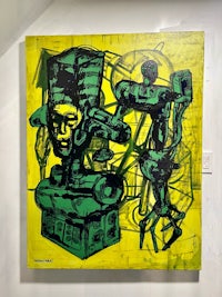 a painting of a man and a robot on a wall