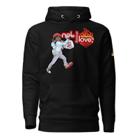 a black hoodie with an image of a baseball player with flames