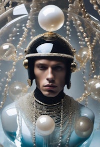 a man wearing a helmet and pearls in a bubble