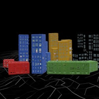 a set of colorful buildings on a black background