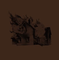 a black and white image of a house on fire