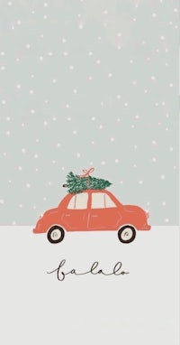 a christmas card with a red car with a christmas tree on top