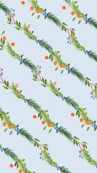 a pattern with pine branches and oranges on a blue background