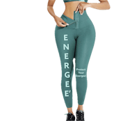 a woman wearing green leggings with the word energize on them