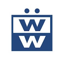 a blue and white logo with the word w