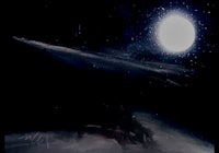 a painting of a spaceship with a moon in the background