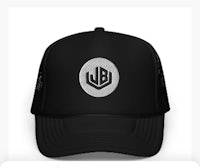 a black trucker hat with a white logo on it