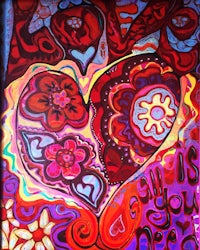 a painting of a heart with colorful flowers on it