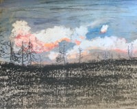 a drawing of a field with trees and clouds