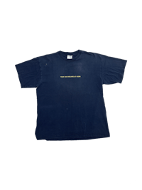a blue t - shirt with a gold inscription on it