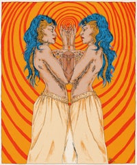 two women with blue hair standing in front of an orange background