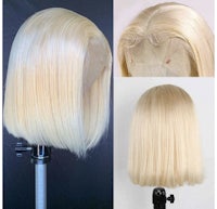 a wig with blonde hair on a mannequin