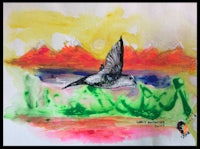 a watercolor painting of a bird in flight