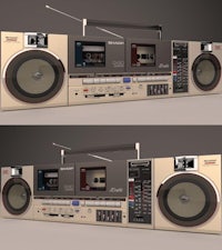 3d model of a boombox with two speakers and a cassette recorder