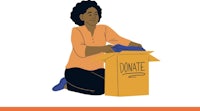 a woman is sitting in a box with the words donate