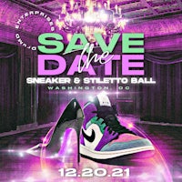a save the date flyer with a pair of shoes and a purple light