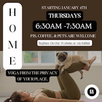 a flyer for a yoga class with a woman and a pug