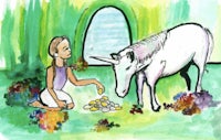 a girl is petting a white unicorn