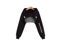 a black cropped hoodie with an embroidery on it