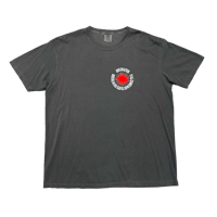 a grey t - shirt with a red circle on it