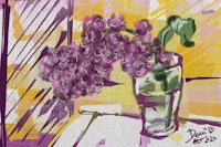 a painting of purple flowers in a vase