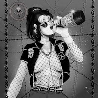 a black and white drawing of a woman holding a bottle of beer