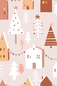 a christmas pattern with houses and trees on a pink background