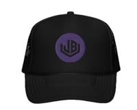a black trucker hat with a purple logo on it
