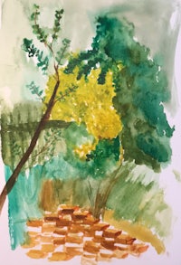 a watercolor painting of a tree in a garden