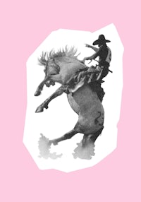 a cowboy riding a horse on a pink background