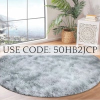 a round rug with the words use code 50hhcp